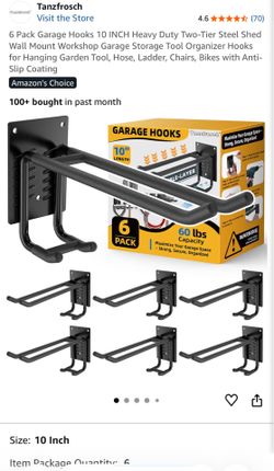 6 Pack Garage Hooks 10 INCH Heavy Duty Two-Tier Steel Shed Wall Mount Workshop Garage Storage Tool Organizer Hooks for Hanging Garden Tool, Hose, Ladd