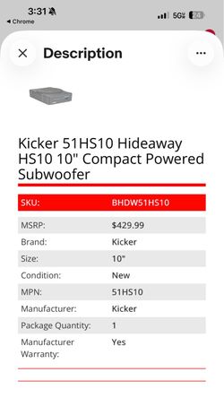 Kicker 51HS10 Hideaway HS10 10" Compact Powered Subwoofer SKU: BHDW51HS10