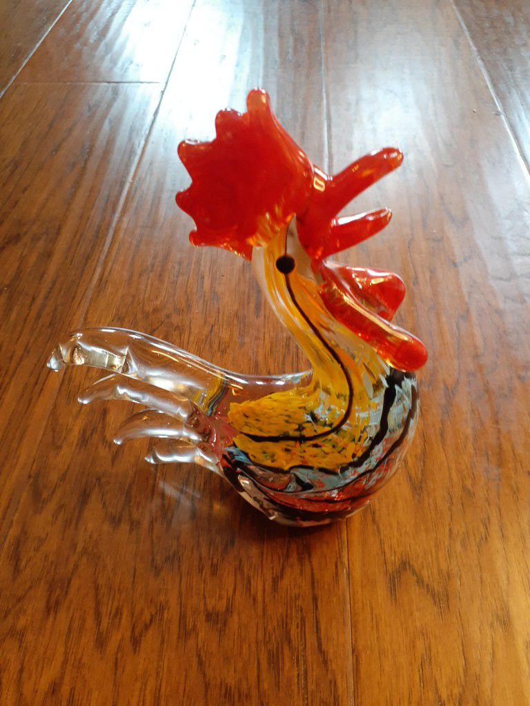 GORGEOUS Pair of 1980s Multicolor Art Glass 8" Rooster Figurines.
