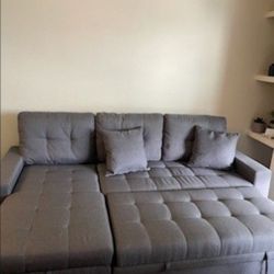 GRAY Linen Sectional Sofa W/storage Chaise And Pullout Bed
