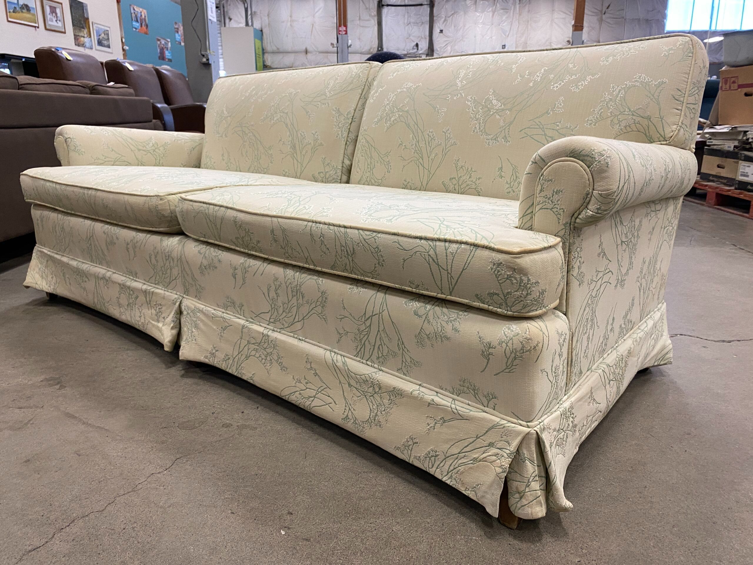Vintage Ivory Floral Print Skirted Loveseat