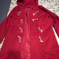 New Red Wool Winter Duffle Coat With Hood And Wooden Toggles 