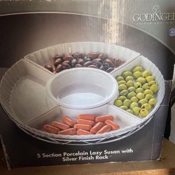 GODINGER 5 SECTION PORCELAIN LAZY SUSAN WITH SILVER FINISH RACK SERVING TRAY SERVER