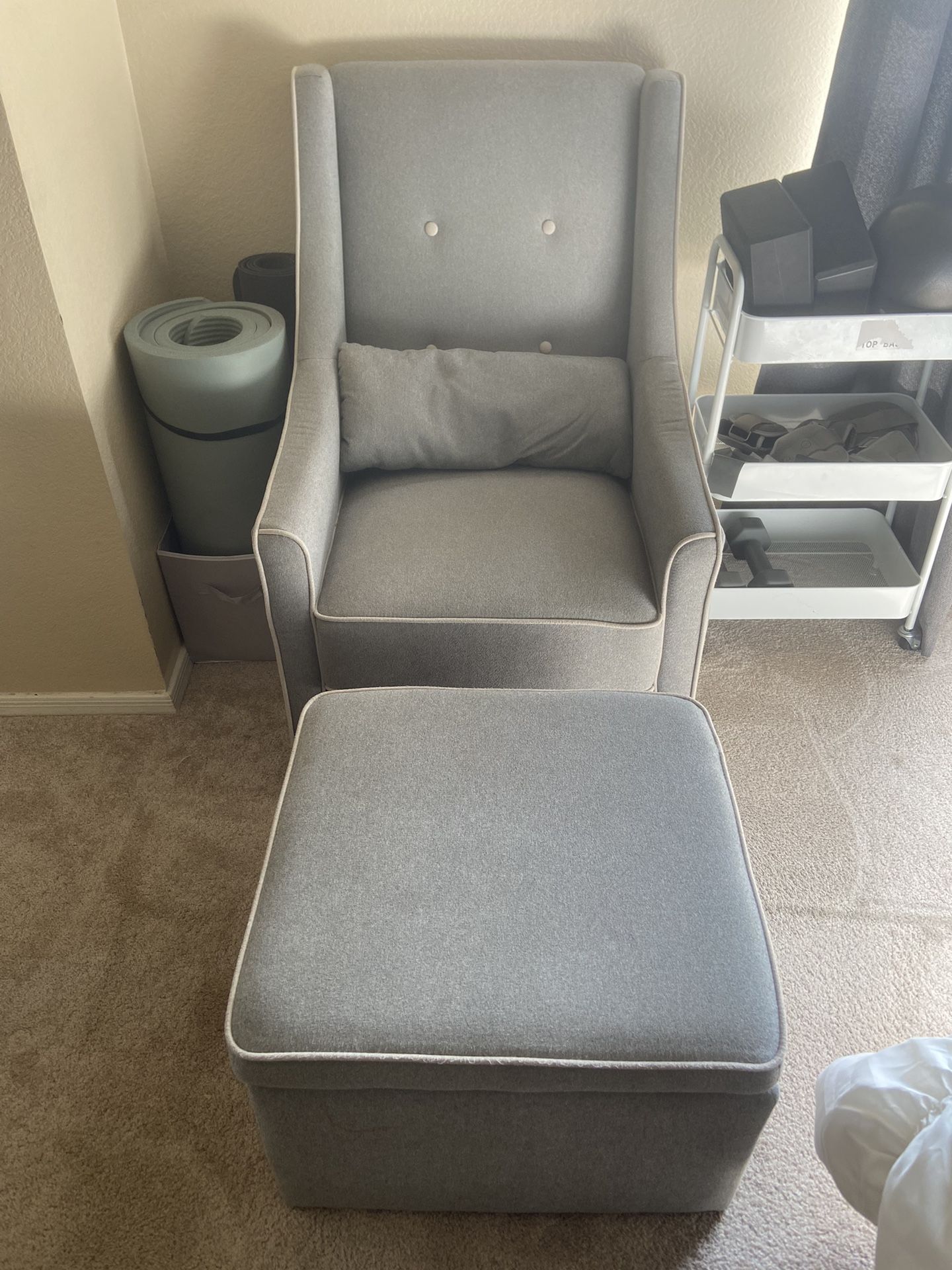 Davinci owen upholstered swivel glider with side pocket and storage ottoman hotsell