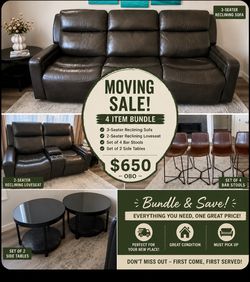 4-Piece Living Room Bundle – Reclining Sofa Set + 4 Bar Stools + Side Tables – Moving Sale