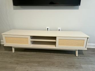 Modern Light Beige TV Stand with Rattan Doors – Entertainment Center