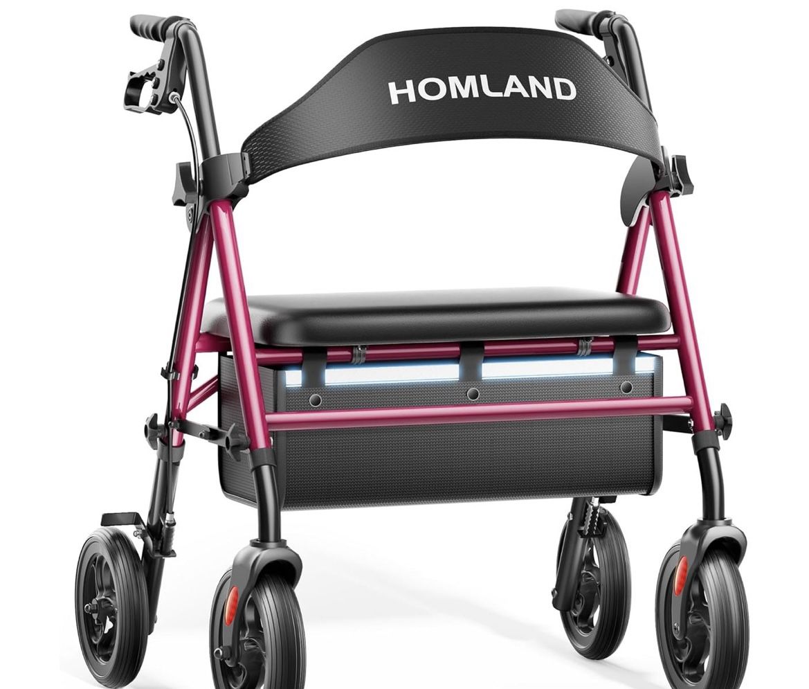 HOMLAND Bariatric Walkers for Seniors, 500lb Heavy Duty Rollator Walker with Extra Wide Padded Seat, 8 All Terrain Foldable Rolling Walker with Dual-H