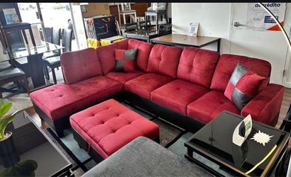 Modern Red microfiber sectional couch and ottoman
