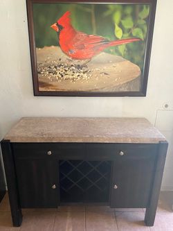 Dark Wood Sideboard with Stone Top and Wine Rack