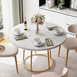 Round Dining Table, 47.24 Inch, Wooden Faux Marble with Gold Base, Circle Modern Small Table for Home Dining Room, Kitchen, Restaurant (White)