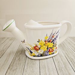 Teleflora White Ceramic Floral Watering Can Planter with Daisy, Tulips, Daffodils and Lavendar Flowers Design one each Side Home Decor. Measures 5.5"Н