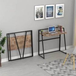 New 33" Teak Wood Folding Computer Desk - No Assembly Small Space Workstation  for home or office - Brown