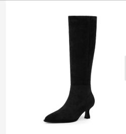 Black Knee High Kitten Heel Boots For Women