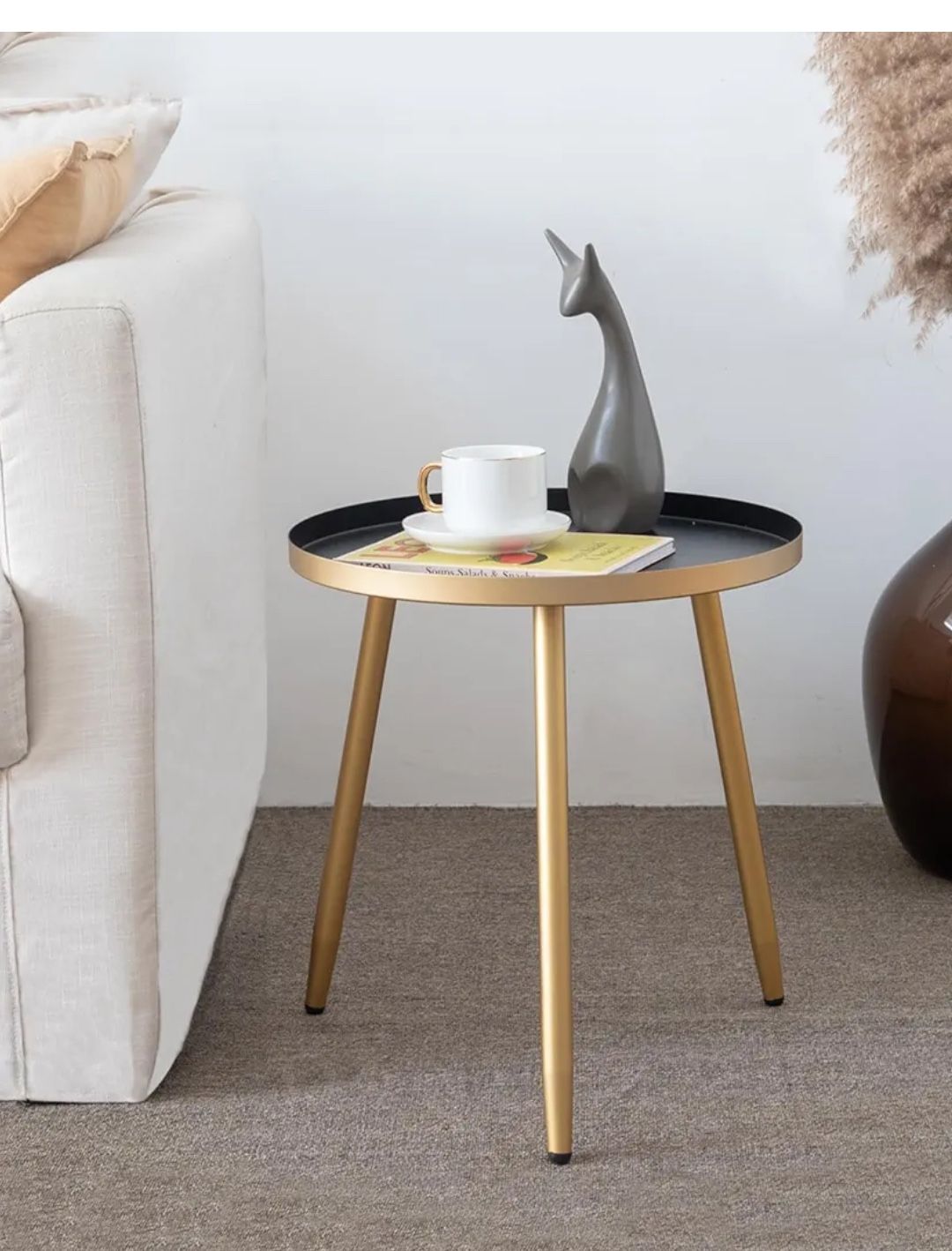 Side Table: End Table for Any Room - Round Side Tables for Small Spaces - Black Top with 3 Gold Legged