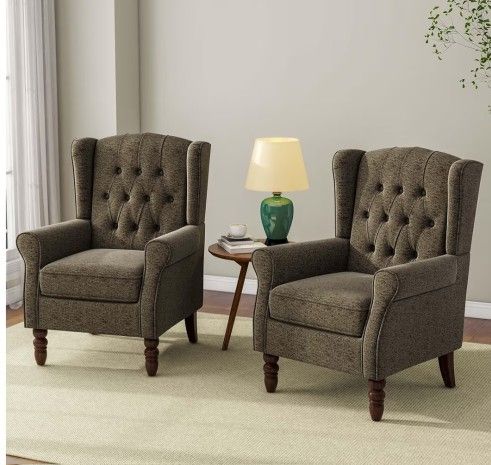  Set Of 2 Accent Chair, Upholstered Armchair with Button Tufted High Back & Solid Wood Legs, Comfy Wingback Reading Single Sofa Chair 