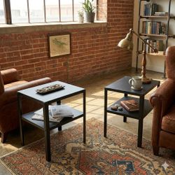 Industrial style brushed metal side table pair