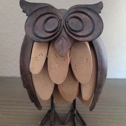 Rustic Owl Figurine – Folk Art Wood and Metal Decorative Sculpture Wide Eyes McM