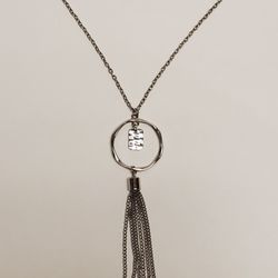 Silvertone Tassel and  Hammered Inner Pendant With Asymmetrical Ring Necklace 