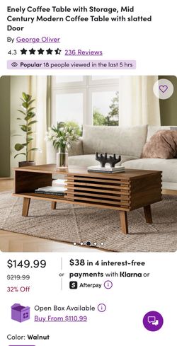 Coffee Table with Storage, Mid Century Modern Coffee Table with slatted Door