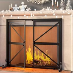 Fire Beauty Fireplace Screen with Doors, 2-Pannel Handcrafted Solid Wrought Iron Decorative Mesh, Baby Safe Proof Firewood Burning Stove Accessories(B