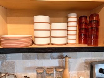PENDING Our Place Speckled Stoneware Dinnerware Set with Amber Glasses
