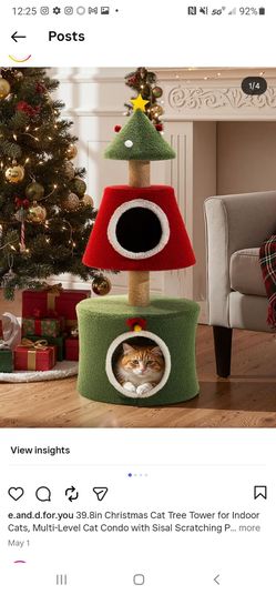 39.8in Christmas Cat Tree Tower for Indoor Cats, Multi-Level Cat Condo with Sisal Scratching Posts, Cozy Hideaway & Top Perch, Red & Green Holiday Pet