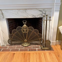 Antique Brass Fireplace Screen and Tools