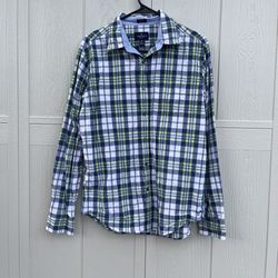 American Eagle Men’s Lime Green Navy Plaid Button Down Shirt Prep Fit Size M