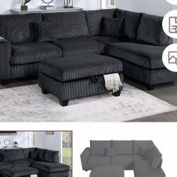 Sectional SofaChaise With Ottoman Storage USB Available I Ivory, Gray,Dark  Corduroy,Gray,Black 106"X76" 