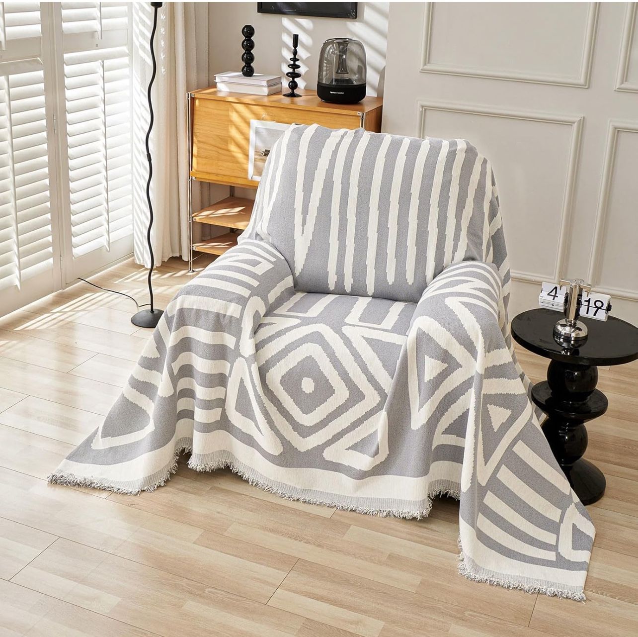 VClife Boho Chair Couch Cover Grey Cream White Plaid Triangle Jacquard Sofa Slipcover For Armchair Non Slip Pet Friendly Chenille Armchair Slipcover F