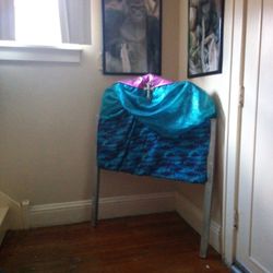 Custom Headboard  Shark Pattern Blue And Turquoise In Color .Cross Emblem And Turquoise And Pink Seafoam  With Silver Post 