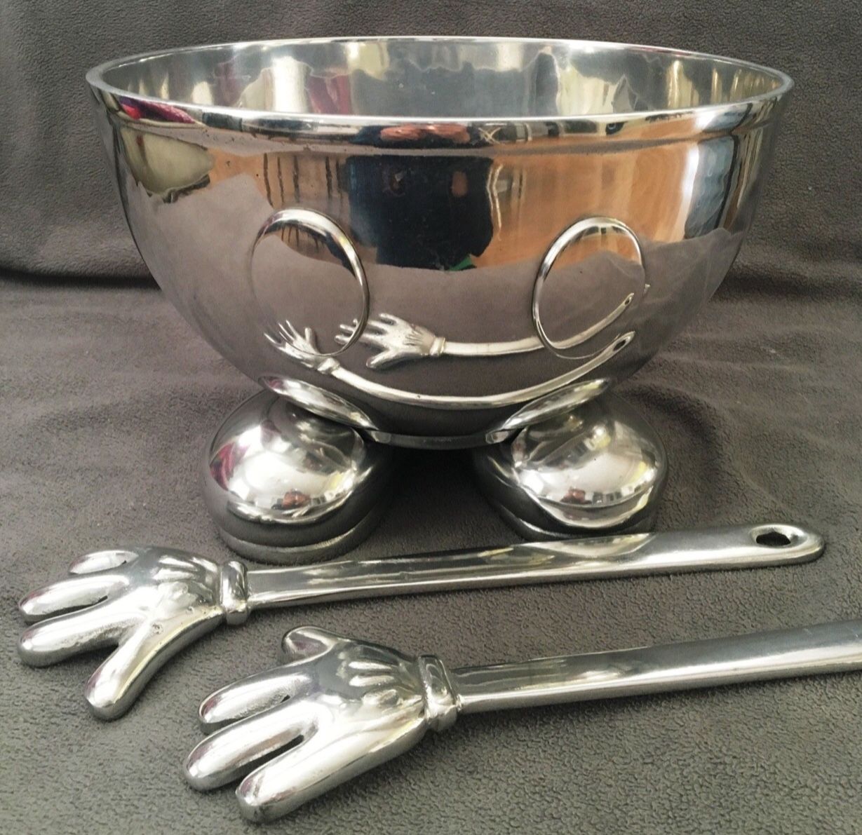 disney pewter MICKEY MOUSE SALAD BOWL with MICKEY HANDS TONGS and FEET base