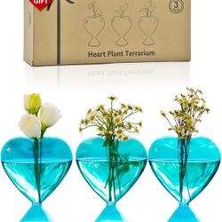 New In Box Small Glass Bud Vases for Flowers: Birthday Gifts for Wife Women Mom Garden Lovers- Set of 3 Heart Plant Terrarium for Wedding Cente