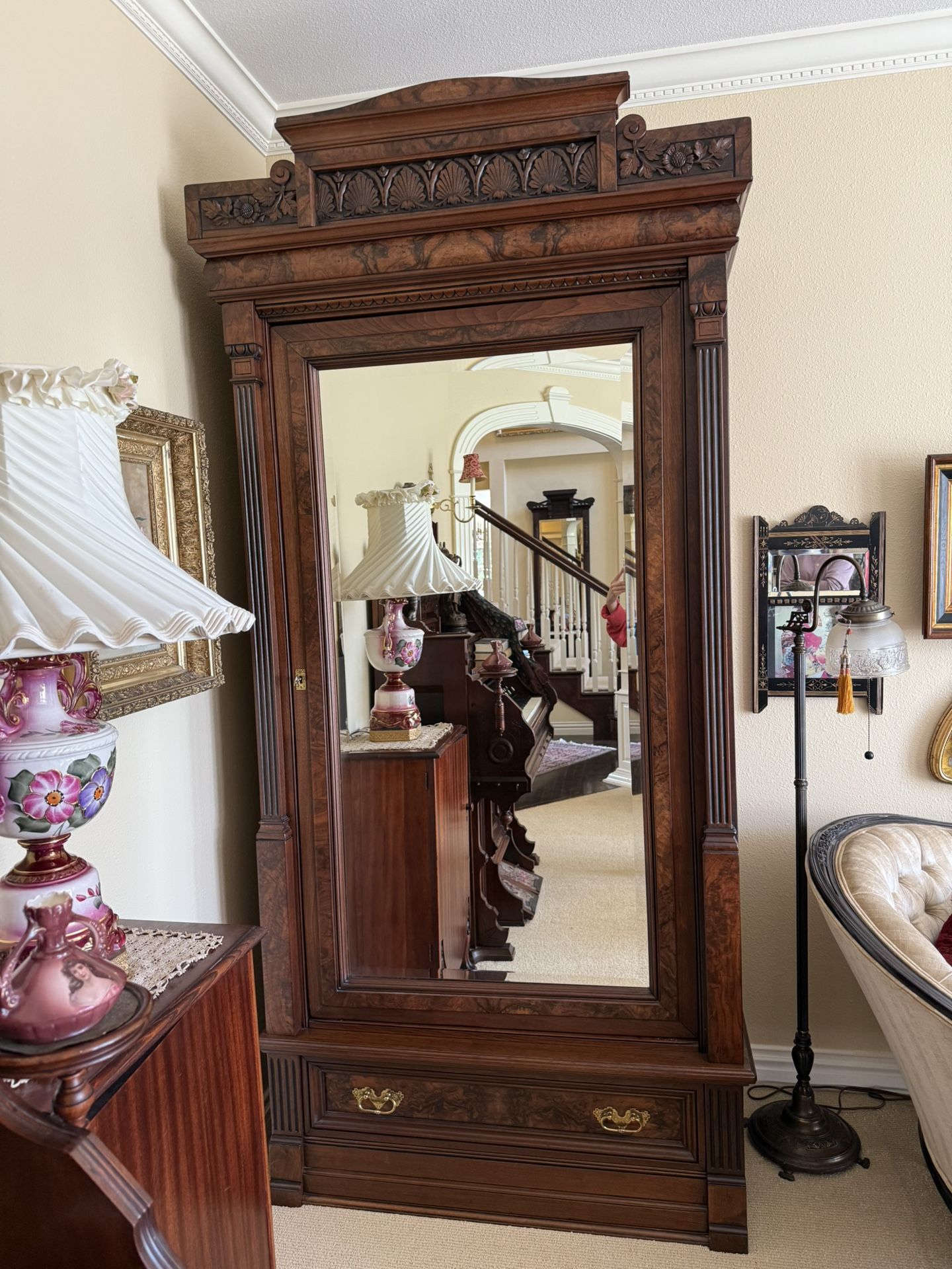 Gorgeous Antique Walnut Wardrobe With Beveled Mirror