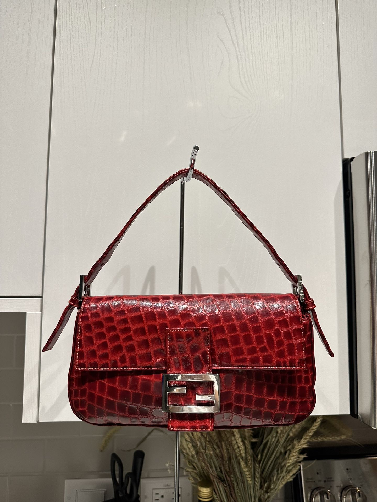 Fendi Crocodile Baguette - Red Handle Bag