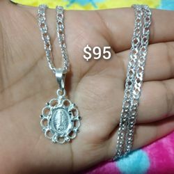 925 Sterling Silver Chain With The Pendant/Cadena Con Medalla De La Virgen De Guadalupe De Plata 925