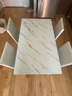 Modern White Marble-Style Dining Table Set – Table + 4 Chairs