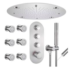 Vanfoxle Brushed Nickel Temperature Shower System 16 inch ceiling LED Rain Shower head 6 body Jet