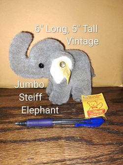 6" Long, 5" Tall Vintage " Jumbo" Steiff Plush Collectable Elephant In Brand New Excellent Condition