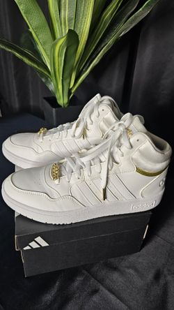Adidas Hoops 3.0 Mid Classic Gold Metallic Shoes, White, Size 9.5 US, NEW!
