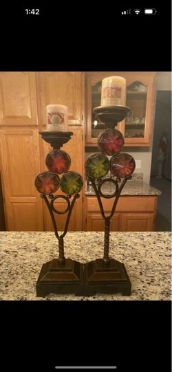 Metal Candleholder Set with Jewel Accents