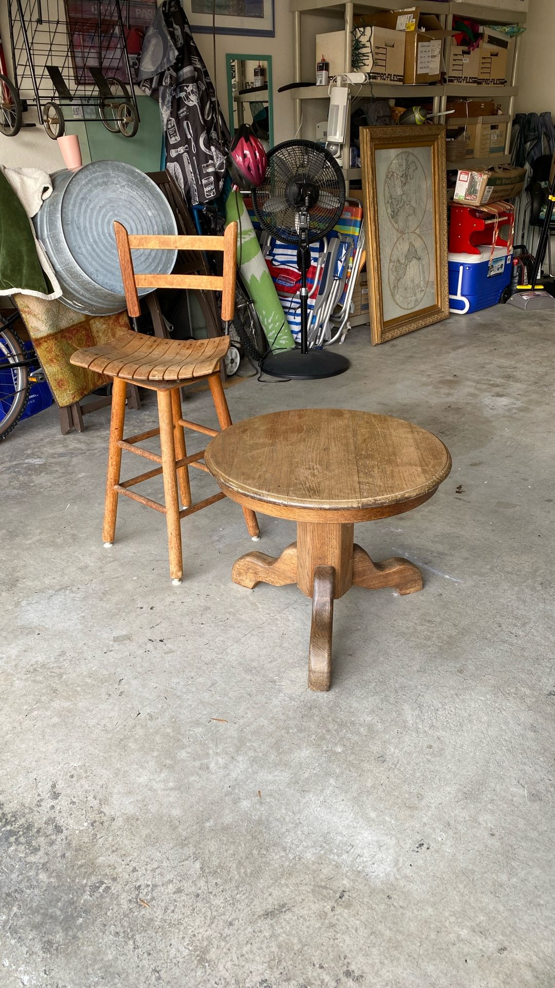 Solid Oak Vintage Side Table With Vintage Bar Stool Chair