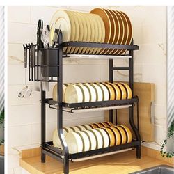 3 Tier Dish Drying Rack, Iron Compact and Elegant Saves Space Dish Rack, Heavy Duty Neat and Tidy Large Capacity Dish Racks for Kitchen Counter