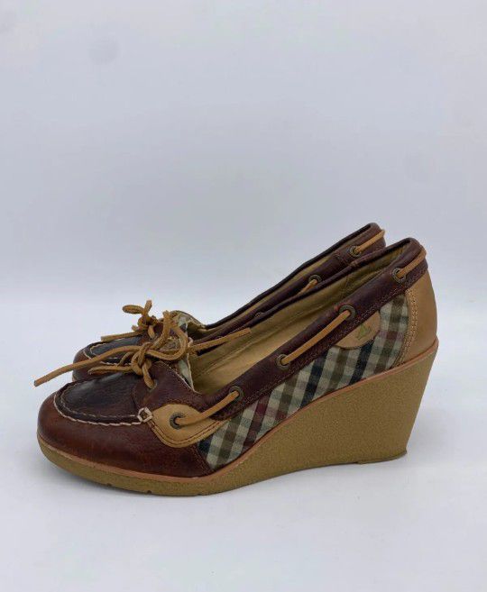 Sperry Top Sider Shoes Womens 9.5 M Brown Goldfish Leather Wedge Heels Ladies