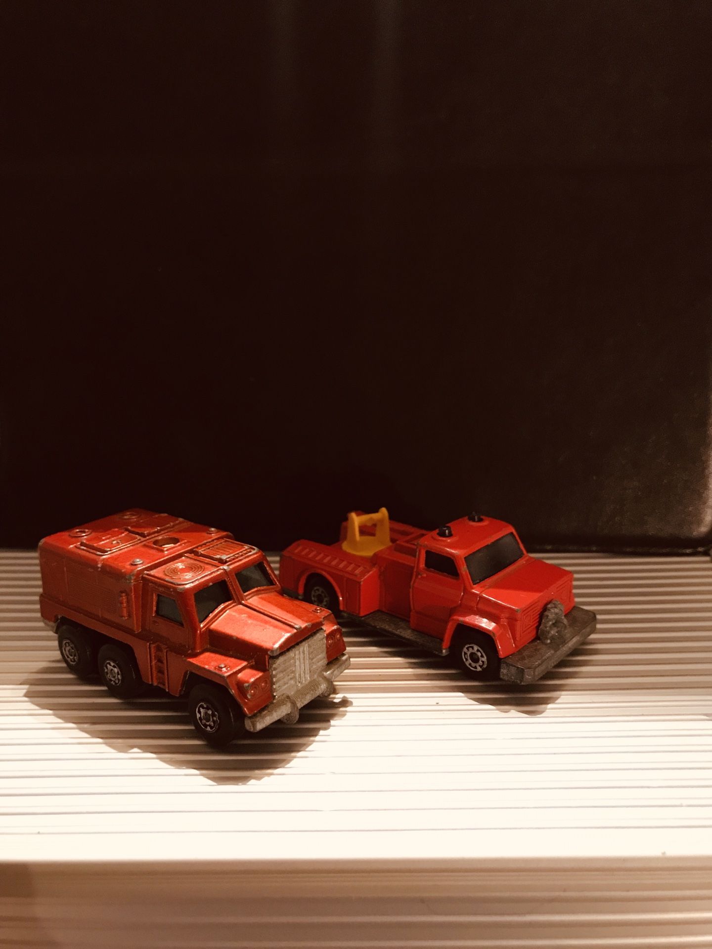 2 Vintage Matchbox Vehicles ‘73 Badger (pieces off on top) and ‘77 Snorkel Fire Engine (missing Ladder) 1/64