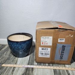 10 Inch Ceramic Planter Pot Round Plant Pot for Indoor Plants Outdoor Large Flower Pot with Drainage Hole and Saucer Blue