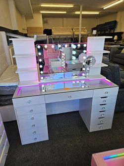 New Vanity Desk Hollywood Mirror Bluetooth Speaker RGB Light 2 Shelves Adjustable Round Mirror $899