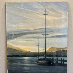 Impressive Vintage Midcentury Haborscape Oil Painting signed Mazzaff