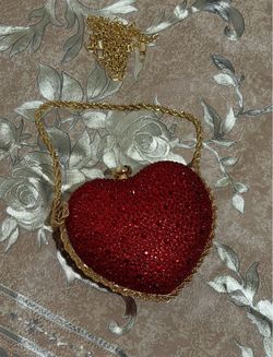 Red Crystal Heart Clutch Bag with Gold Chain
