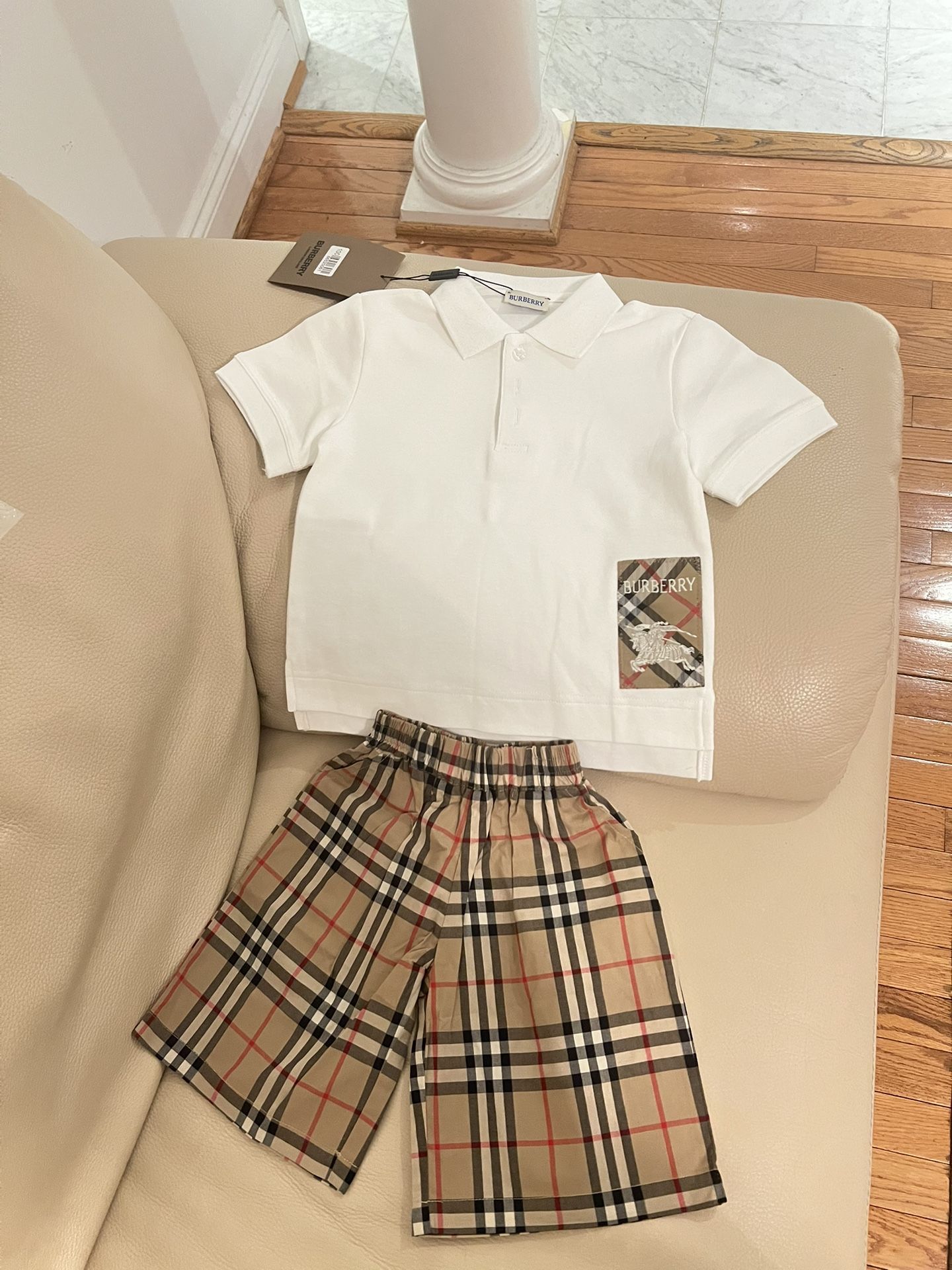 👕🩳 Burberry Check Label Cotton Polo Shirt + Check Cotton Shorts – Boy’s Size 4Y Ready!